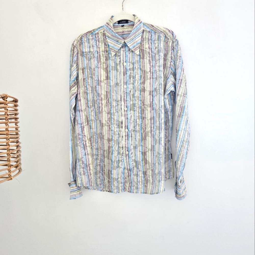 LANO Jacquard Floral And Multi Color Stripe Dagger Collar Button Down Shirt